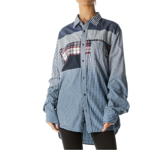Desigual Tops - Desigual Plaid Shirt Blue Patchwork Unisex Oxford